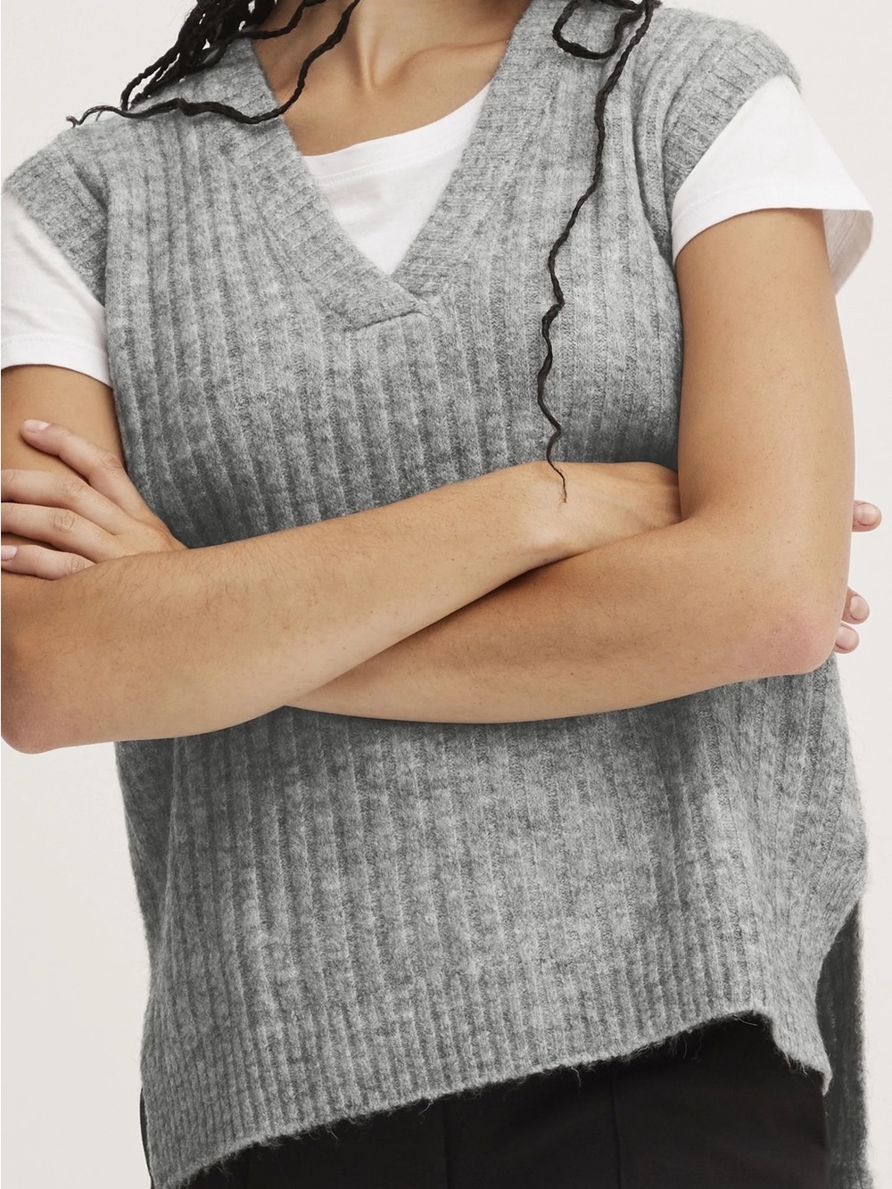 Cozy V-Neck Ribbed Knit Alpaca Sweater Vest - Gray